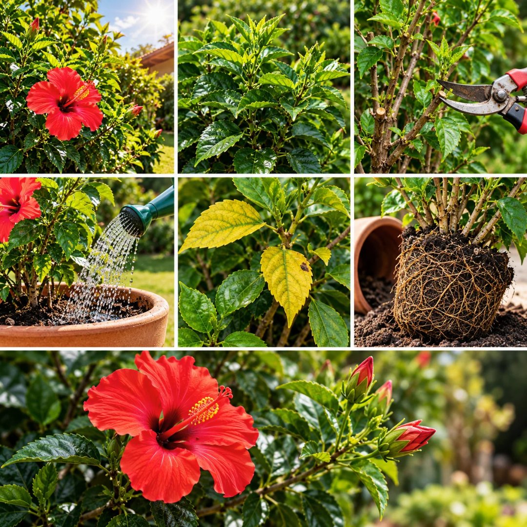 Mosaico com sete cenas de hibisco ornamental mostrando floração, folhagem, poda, rega, folhas amareladas e raízes. (hibisco não floresce)