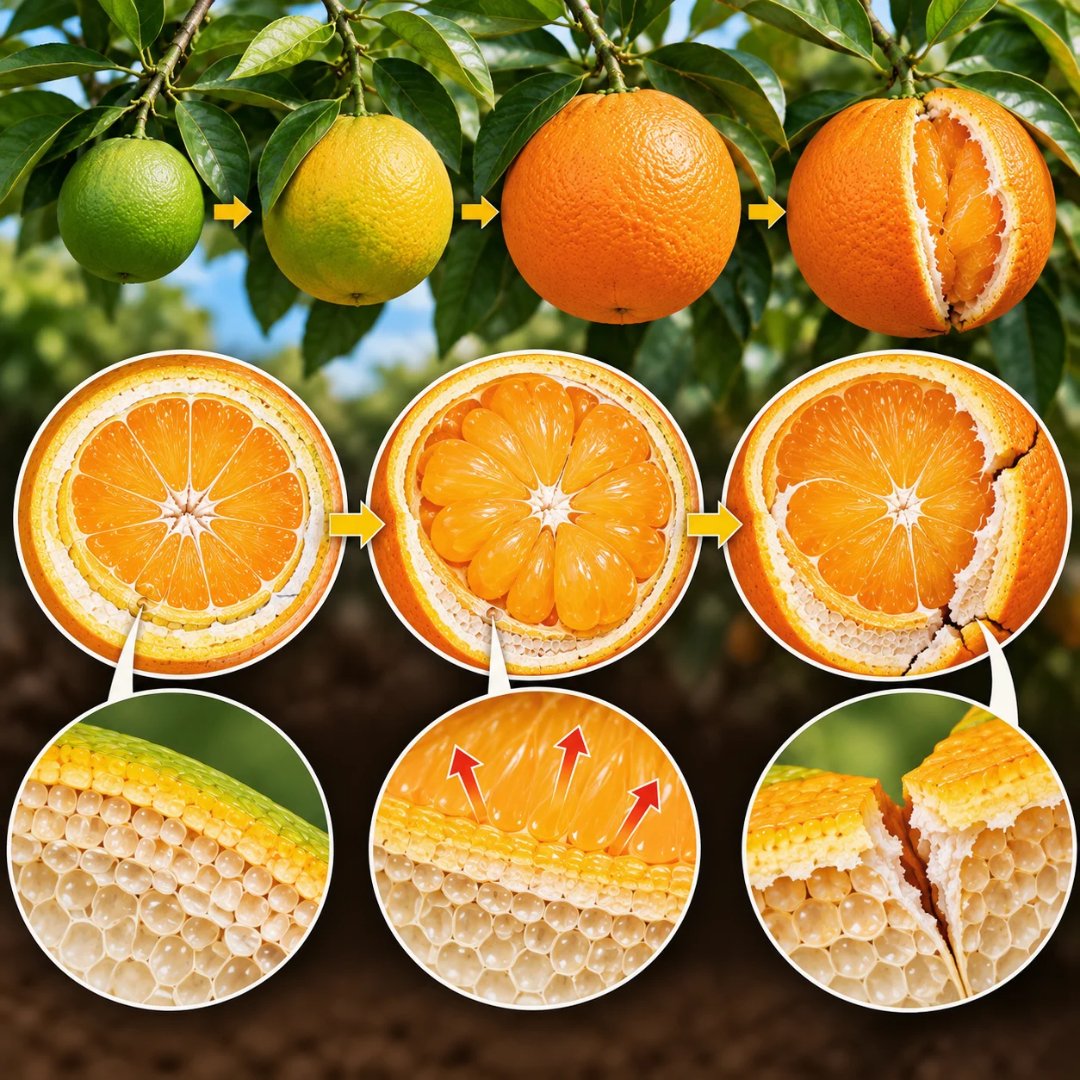 Ilustração didática do desenvolvimento da laranja e da ruptura da casca durante a expansão dos tecidos internos do fruto. (laranja rachada)
