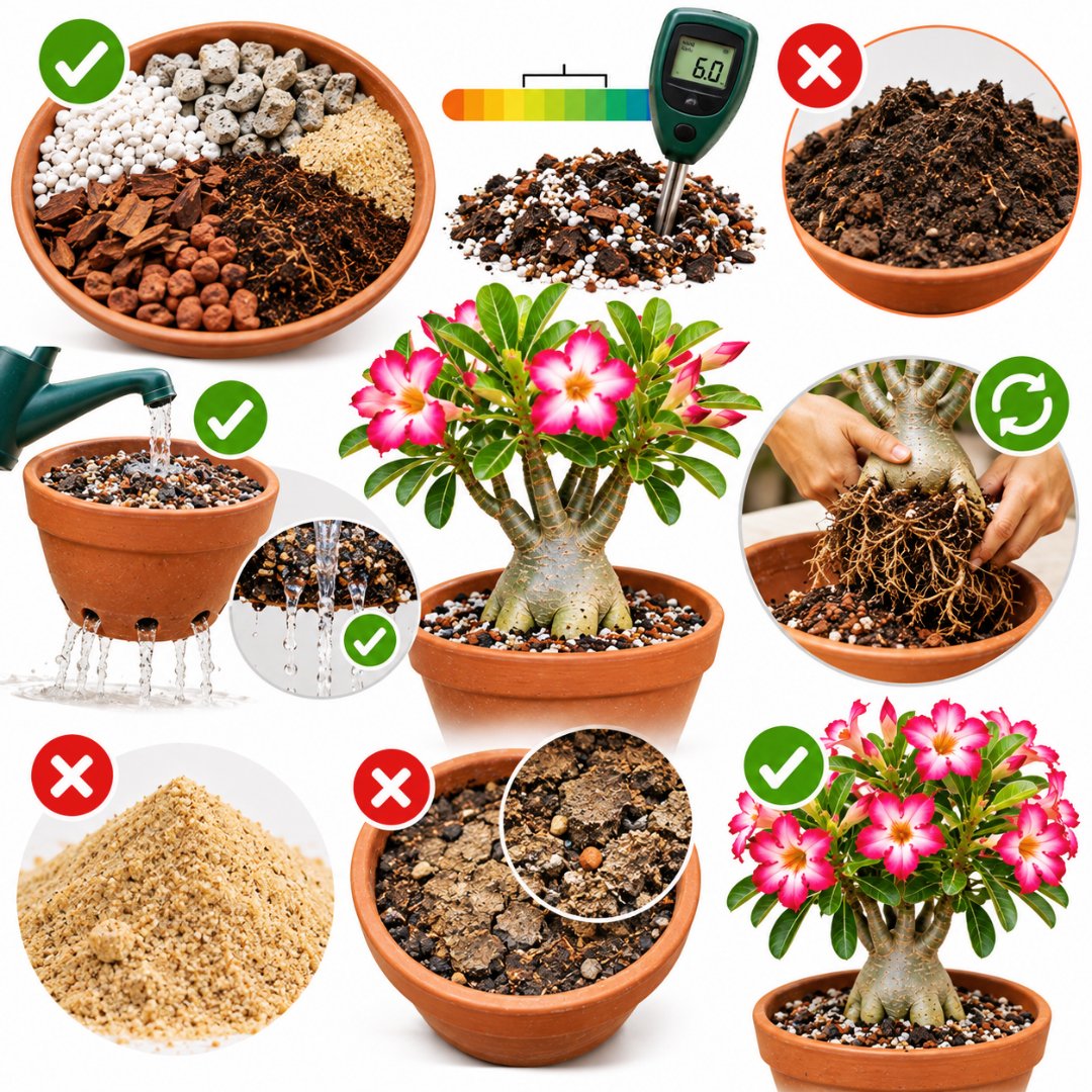 Infográfico sobre substrato para rosa-do-deserto com materiais drenantes, teste de pH, rega e replantio