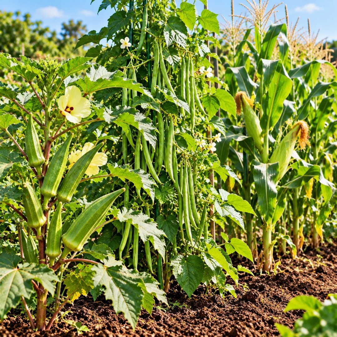 Quiabeiros com frutos verdes e flores claras, feijão-vagem com vagens pendentes e pés de milho-verde cultivados em uma horta. O que plantar em novembro.