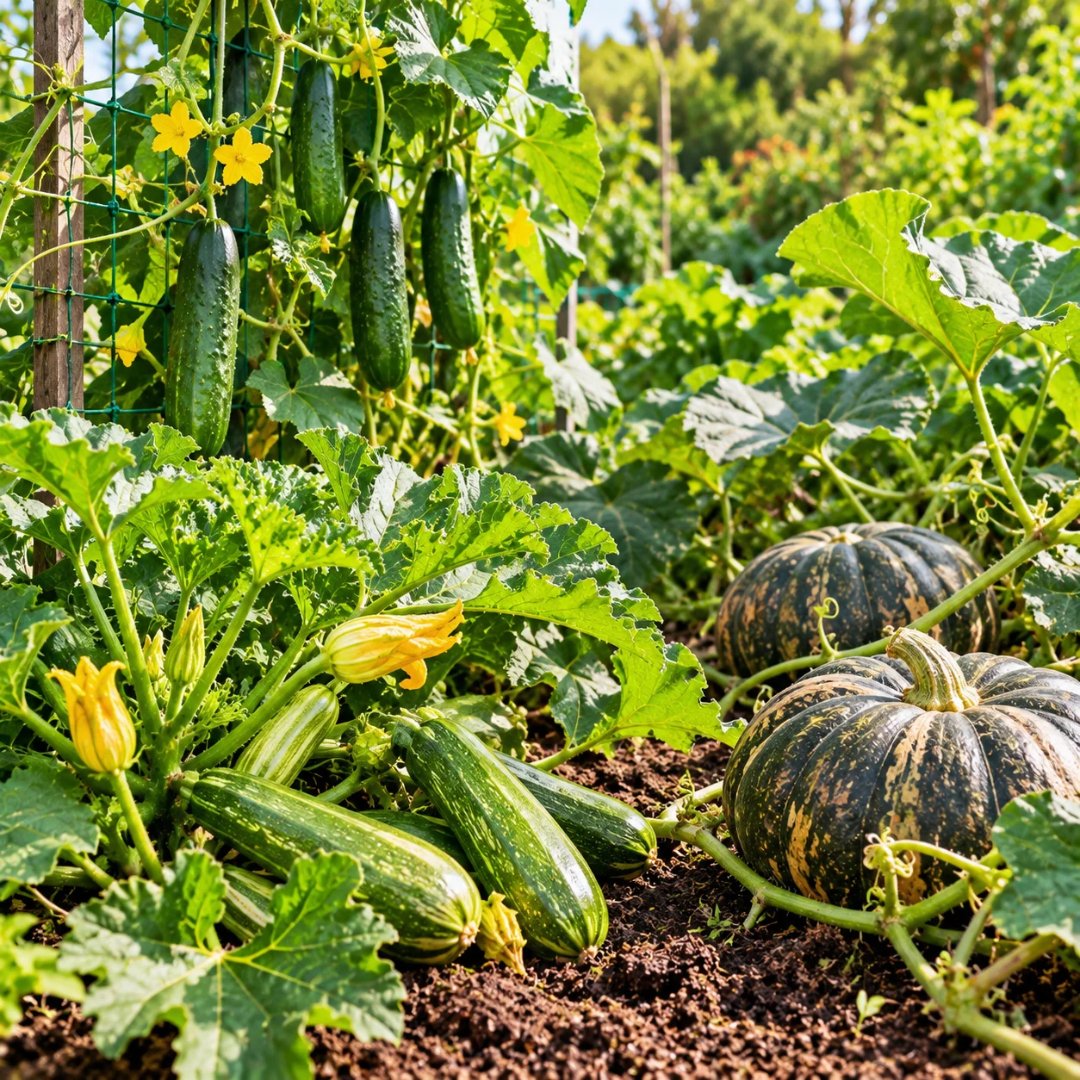 Abobrinhas verdes, pepinos pendurados em treliça e abóboras maduras crescendo entre folhas e flores amarelas em uma horta. O que plantar em novembro.