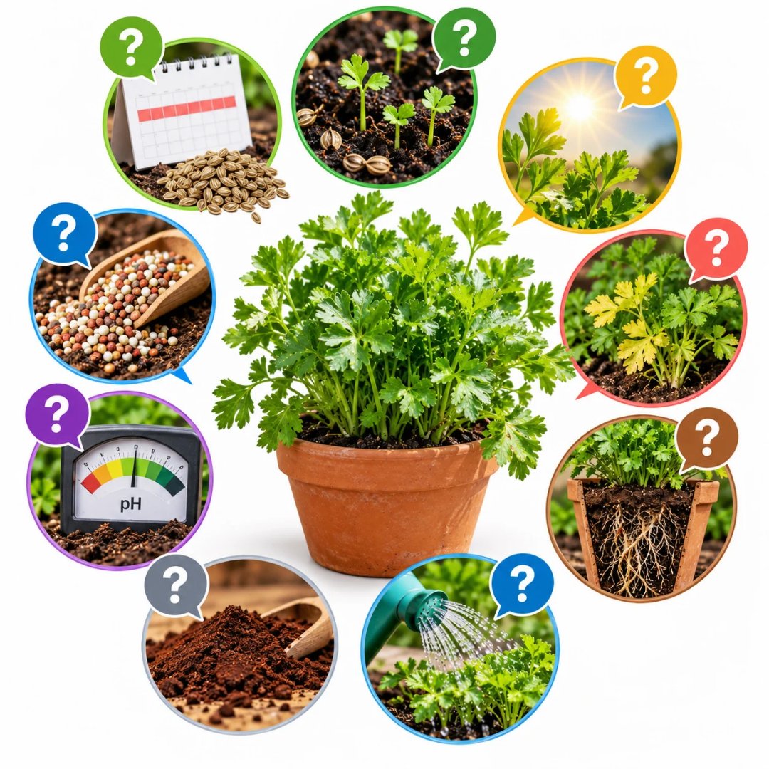 Salsinha em vaso cercada por ilustrações do cultivo, incluindo germinação, luminosidade, adubação, pH do substrato, irrigação e desenvolvimento das raízes. (salsinha não cresce)
