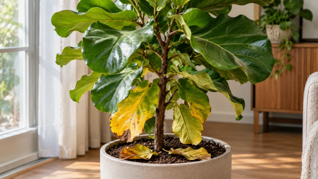 Figueira-lira (Ficus lyrata) em vaso, com folhas inferiores amareladas e algumas folhas caídas sobre o substrato. (figueira lira)