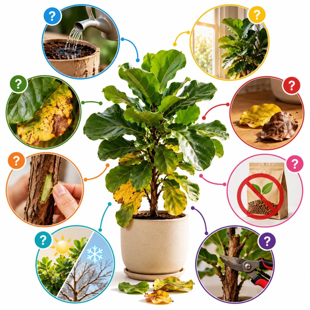 Infográfico ilustrado sobre a figueira-lira (Ficus lyrata), com sinais de queda de folhas, excesso de água, iluminação, avaliação do caule, poda e cuidados com a adubação. (figueira lira)