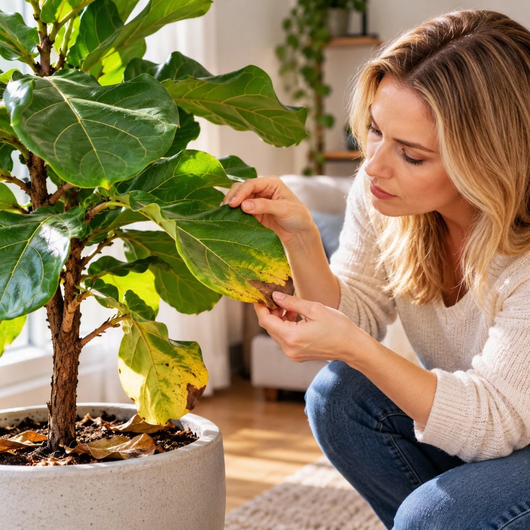Mulher inspeciona folhas de figueira-lira (Ficus lyrata) com amarelecimento e manchas marrons iniciais. (figueira lira)
