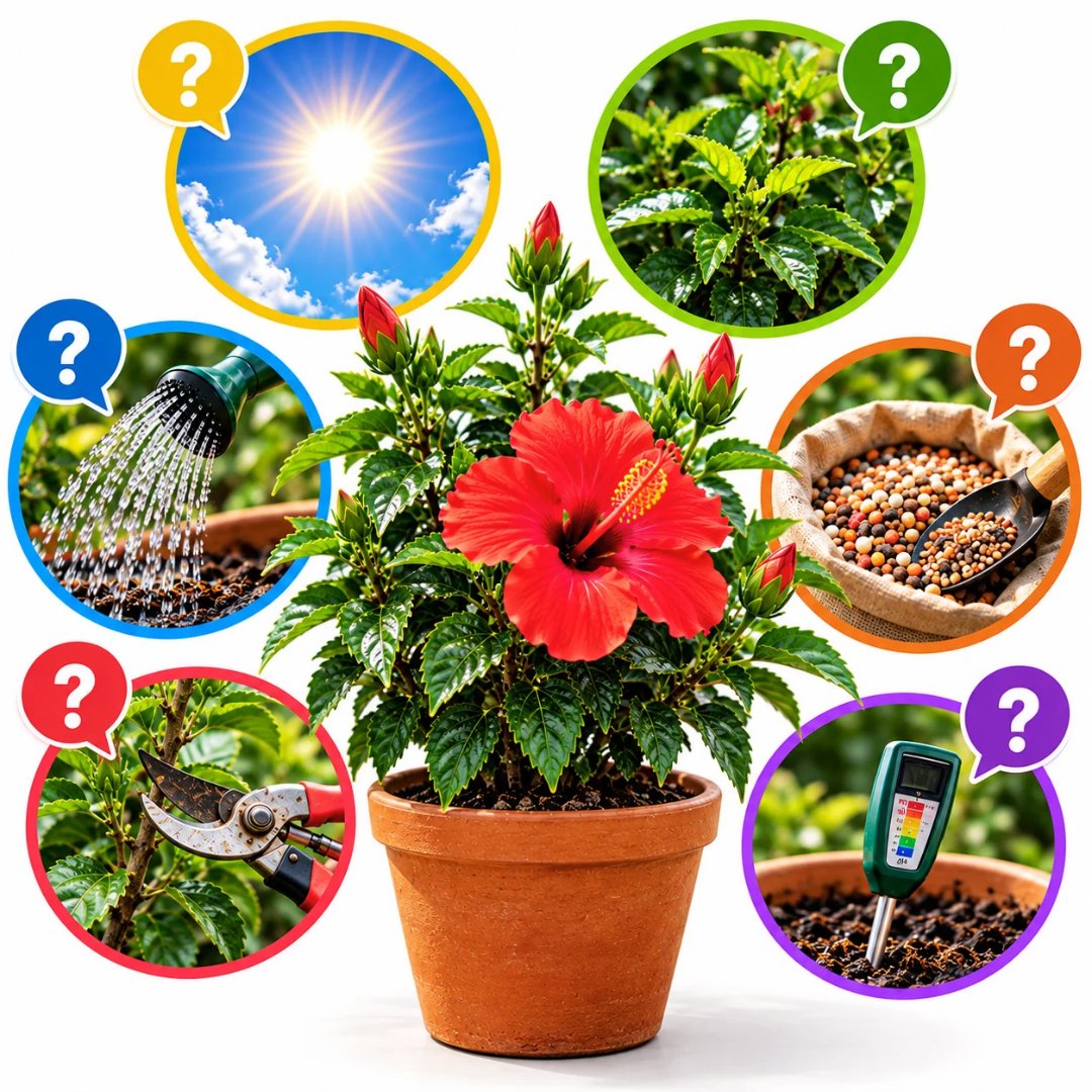Infográfico ilustrado de hibisco em vaso, com imagens de sol, folhagem, rega, adubação, poda e medição do pH do substrato. (hibisco não floresce)