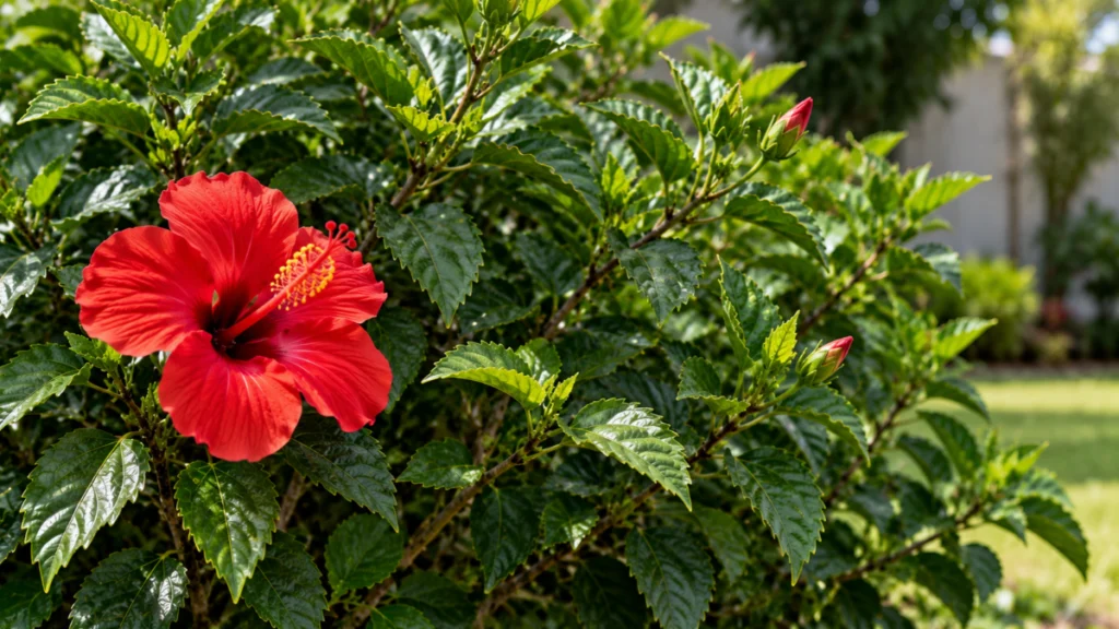 Hibisco ornamental vermelho com folhagem verde abundante e poucos botões florais fechados. (hibisco não floresce)