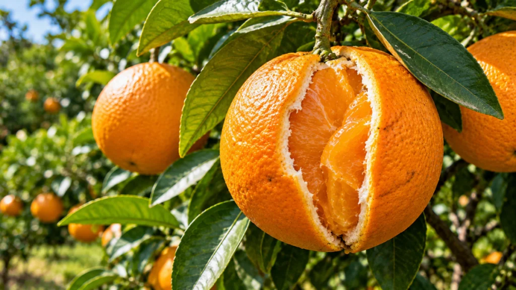 Laranja madura rachada no pé, com a polpa exposta, cercada por folhas verdes e outros frutos na laranjeira. (laranja rachada)