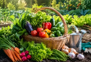 Cesta com hortaliças frescas, incluindo tomates, pimentões, berinjela, abobrinha e folhas verdes, em uma horta com solo fértil.