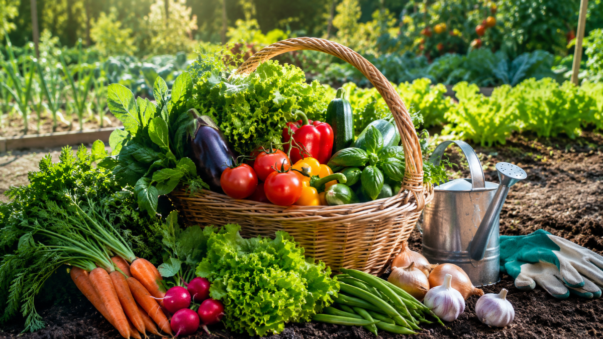 Cesta com hortaliças frescas, incluindo tomates, pimentões, berinjela, abobrinha e folhas verdes, em uma horta com solo fértil.