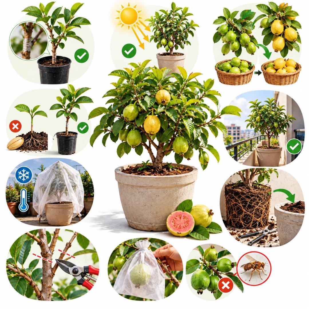 Infográfico ilustrado com cuidados para produzir goiaba em vaso