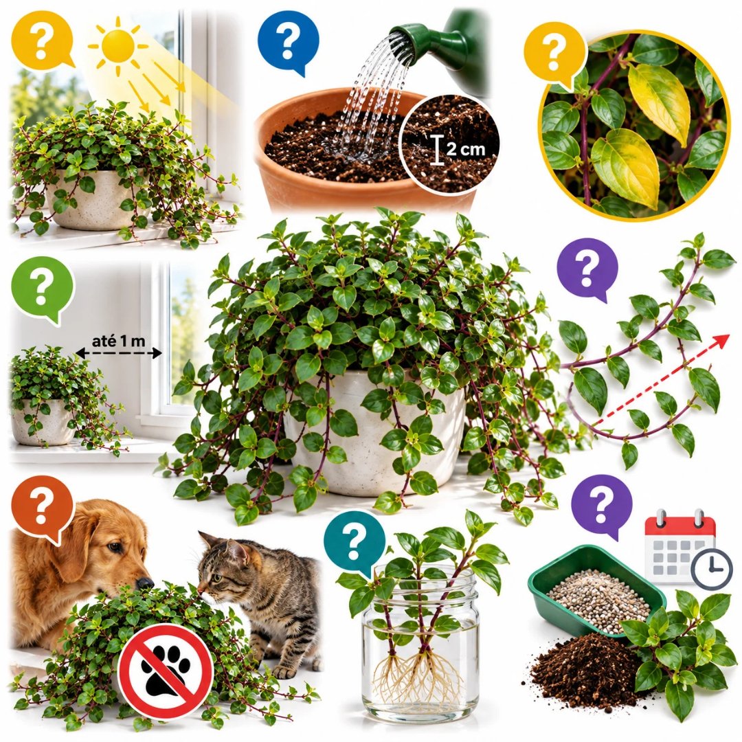 Infográfico ilustrado com cuidados da planta dinheiro em penca