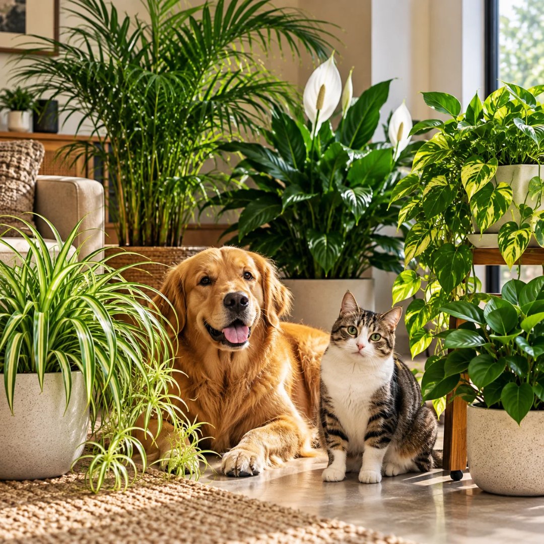 Cão e gato entre plantas ornamentais cultivadas dentro de casa