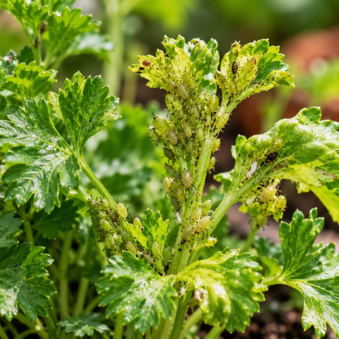 Colônia de pulgões verdes agrupados nos brotos novos e nas hastes de uma planta de salsinha. (salsinha não cresce)