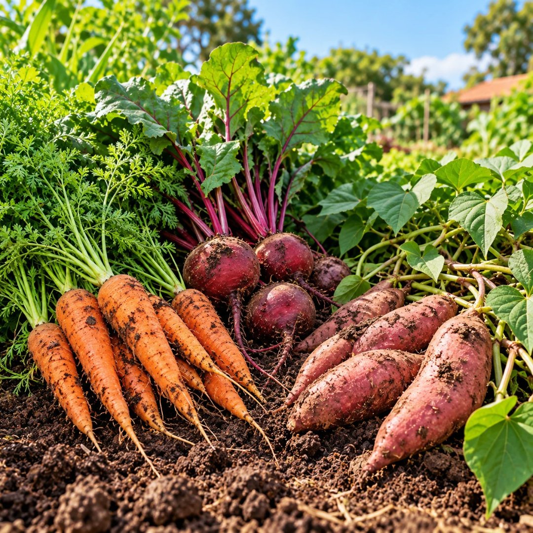 Cenouras alaranjadas, beterrabas roxas e batatas-doces recém-colhidas, com folhas e raízes parcialmente cobertas por terra, sobre solo fértil de uma horta. O que plantar em novembro.