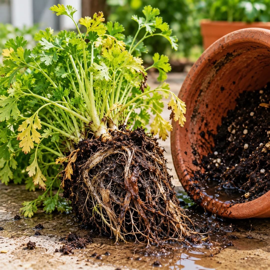 Salsinha com folhas amareladas e raízes escurecidas em substrato encharcado ao lado de um vaso com excesso de umidade. (salsinha não cresce)