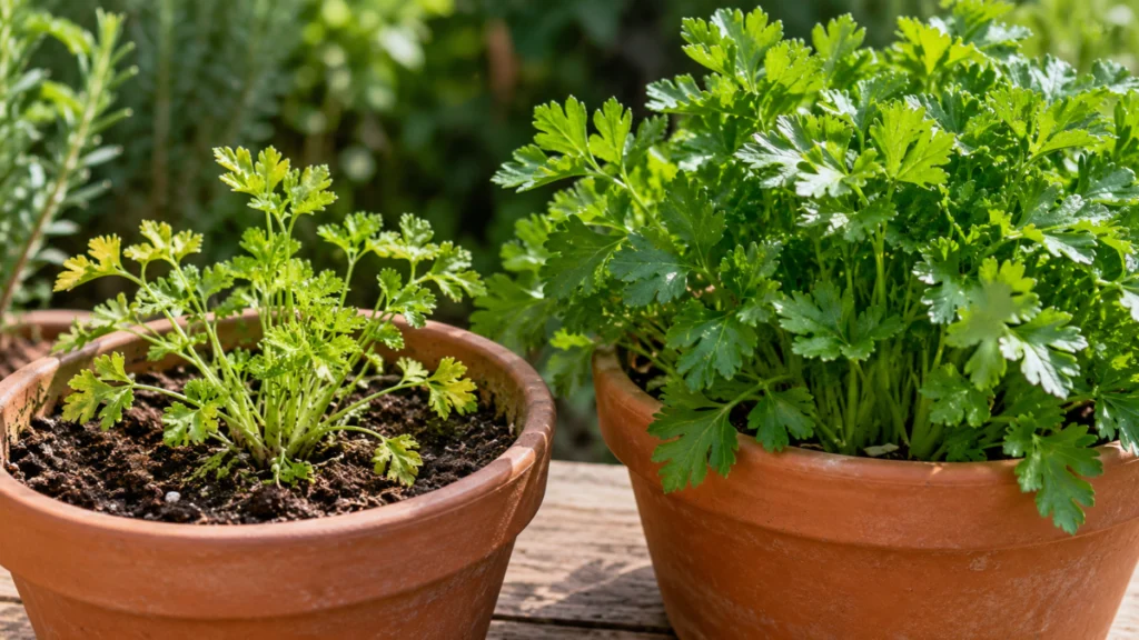 Salsinha com crescimento reduzido em vaso ao lado de uma planta saudável e bem desenvolvida. (salsinha não cresce)