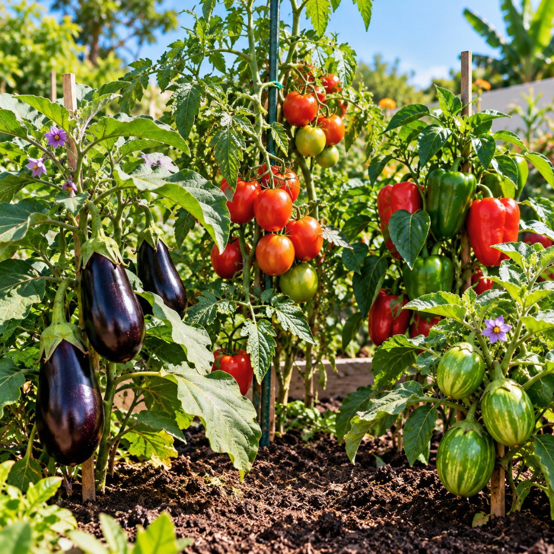 Tomateiros com frutos vermelhos, berinjelas roxas, pimentões verdes e vermelhos e jilós verdes cultivados em canteiro de horta. O que plantar em novembro.