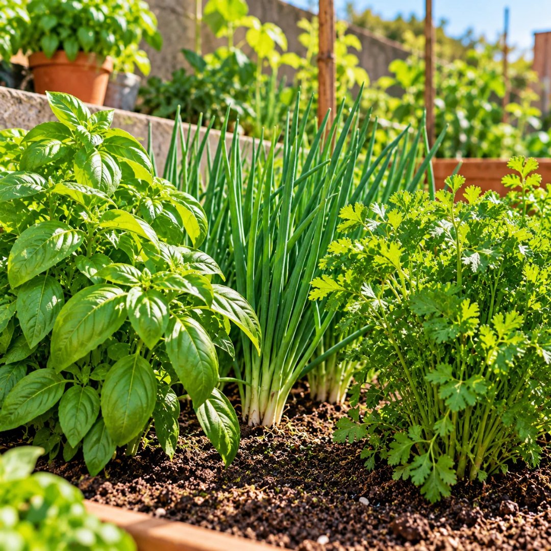 Manjericão de folhas verdes, cebolinha com folhas longas e salsinha crespa cultivados lado a lado em um canteiro de horta. O que plantar em novembro.
