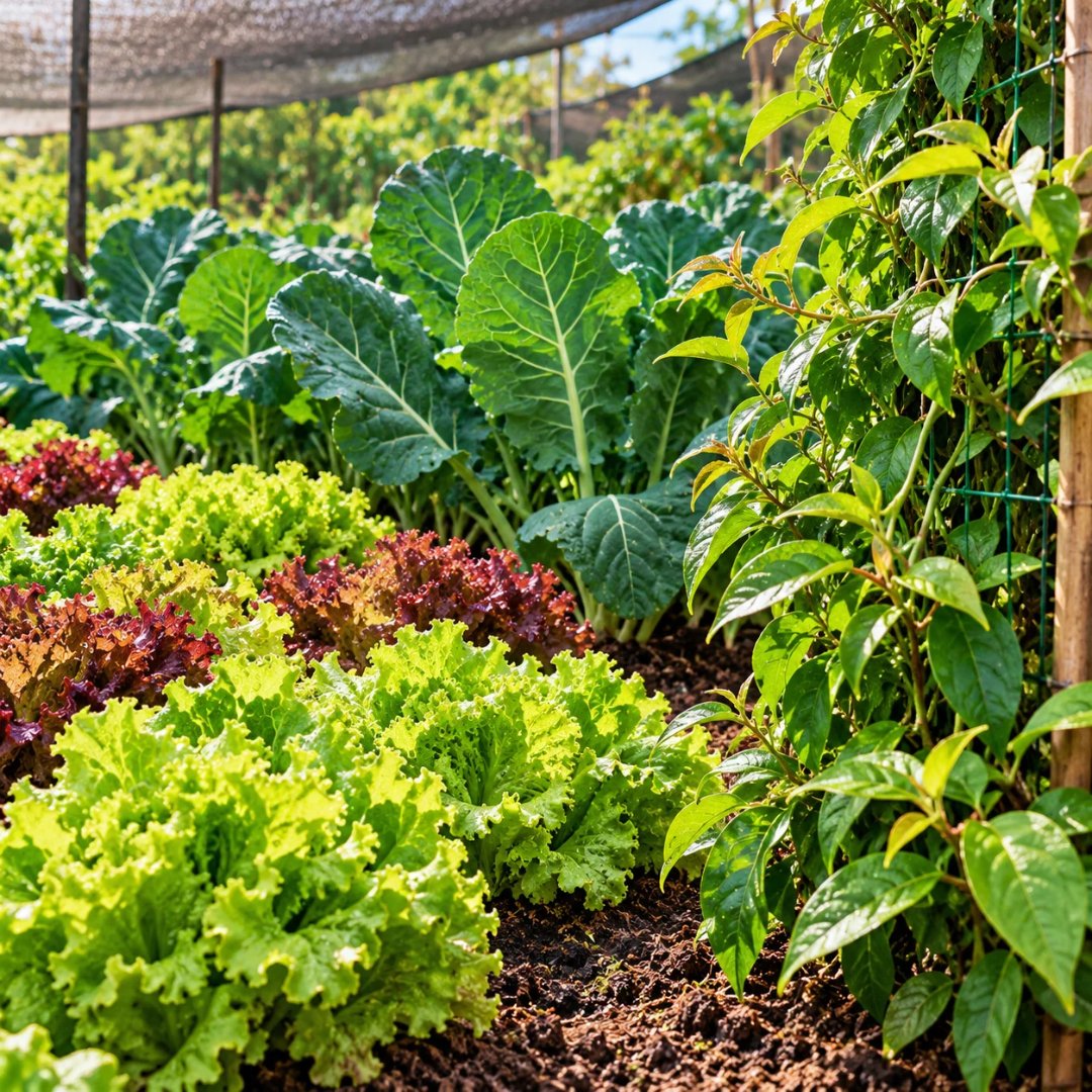 Canteiro de horta com alfaces verdes e roxas, couve-manteiga e ora-pro-nóbis cultivados sob tela de sombreamento. O que plantar em novembro.